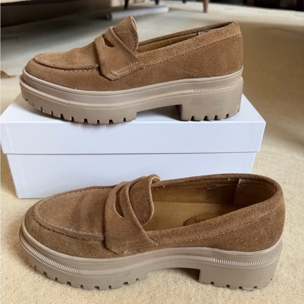 Chunky Suede Penny Loafers in Camel Brown